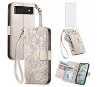 Asuwish Custodia per telefono per Google Pixel 8 5G Custodia a portafoglio con pellicola protettiva in vetro temperato e slot per carte di credito Cerniera Cinturino da polso Stand Flip Hybrid Cell
