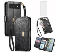 Asuwish Custodia per telefono per Google Pixel 8 5G Custodia a portafoglio con pellicola protettiva in vetro temperato e slot per carte di credito Cerniera Cinturino da polso Stand Flip Hybrid Cell