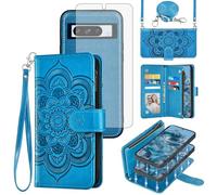 Asuwish Custodia per telefono per Google Pixel 8 Pro 5G Zipper Wallet Cell Cover con pellicola protettiva in vetro temperato Crossbody Lanyard Strap Mandala Flower Card Holder Pixel8Pro Pixel8 XL Otto