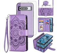Asuwish Custodia per telefono per Google Pixel 8 Pro 5G Zipper Wallet Cell Cover con pellicola protettiva in vetro temperato Crossbody Lanyard Strap Flower Card Holder Pixel8Pro Pixel8 XL Otto 8Pro