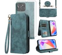 Asuwish Custodia per telefono per Honor X6a Custodia a portafoglio con protezione per lo schermo in vetro temperato Crossbody Cordino Flip Zipper Porta carte di credito Slot Stand Mobile Cash WDY-LX1