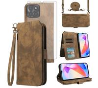 Asuwish Custodia per telefono per Honor X6a Custodia a portafoglio con protezione per lo schermo in vetro temperato Crossbody Cordino Flip Zipper Porta carte di credito Slot Stand Mobile Cash WDY-LX1