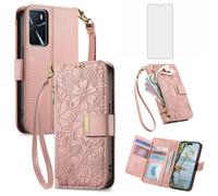 Asuwish Custodia per telefono per OPPO A16/A16S/A54s Custodia a portafoglio con protezione dello schermo in vetro temperato e slot per carte di credito Cerniera Cinturino da polso Supporto Hybrid Cell