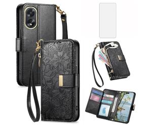 Asuwish Custodia per telefono per OPPO A58 4G Custodia a portafoglio con pellicola protettiva in vetro temperato e slot per carte di credito Cerniera Cinturino da polso Stand Hybrid Protettiva Flip