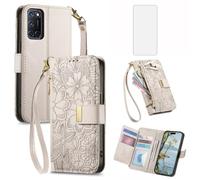 Asuwish Custodia per telefono per OPPO A72/A92/A52 Custodia a portafoglio con pellicola protettiva in vetro temperato e slot per carte di credito Cerniera Cinturino da polso Stand Flip Hybrid Cell