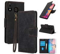 Asuwish Custodia per telefono per Samsung Galaxy A20 A30 Custodia a portafoglio con pellicola protettiva in vetro temperato Flip Cinturino da polso Porta carte di credito Slot Stand Robusto Folio Cell