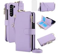 Asuwish Custodia per telefono per Samsung Galaxy S25 5G Portafoglio con cerniera con protezione dello schermo in vetro temperato Crossbody Strap Porta carte RFID Blocking Stand Flip Slim Cell Cover S