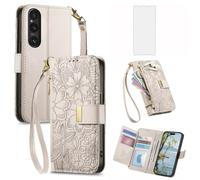 Asuwish Custodia per telefono per Sony Xperia 1 VI Custodia a portafoglio con pellicola protettiva in vetro temperato e slot per carte di credito con cerniera cinturino da polso stand Flip Hybrid Cell