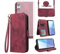 Asuwish Custodia per telefono per Sony Xperia 10 VI Custodia a portafoglio con protezione per lo schermo in vetro temperato Crossbody Cordino Flip Zipper Porta carte di credito Slot Stand Mobile 10VI