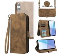 Asuwish Custodia per telefono per Sony Xperia 10 VI Custodia a portafoglio con protezione per lo schermo in vetro temperato Crossbody Cordino Flip Zipper Porta carte di credito Slot Stand Cash 10VI 5G