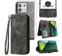Asuwish Custodia per telefono per Xiaomi Redmi Note 13 Pro 5G/Poco X6 Custodia a portafoglio con protezione per lo schermo in vetro temperato Crossbody Lanyard Strap Flip Zipper Porta carte di credito