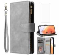 Asuwish Custodia per Xiaomi Mi 10T/Mi10T Pro 5G a portafoglio con vetro temperato e porta carte catena in PU pelle a conchiglia di supporto Mi10TPro M10T T10 M2007J3SG telefono caso donna uomo grigio