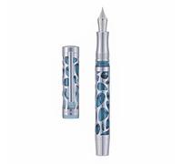 Asvine, Penna stilografica V169 con caricamento a depressione, pennino extra-fine, scheletratura a gocce d’acqua, in acrilico trasparente di colore grigio-blu, set con astuccio