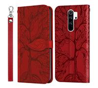 AsWant Custodia Xiaomi Redmi 9 Custodia in Pelle PU con Albero in Rilievo Case Folio Flip Portafoglio Custodia per Telefono Funzione Stand Cover Magnetica per Xiaomi Redmi 9 - Rosso