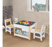 Asweets Tavolino Legno Bambini con 2 Sedie, Set di Tavolo Multiattivita Bambini con Lavagna e Vano Portaoggetti e Scaffalature, Tavolo Interattivo da Disegno, Costruzioni, Studio per Bimbi 3-6 Enni