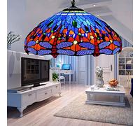 ASYHONG Lampada a Ciondolo in Vetro colorato in Stile Tiffany, a 3 luci a LED asconde la Luce a Sospensione, Larghezza di vetrata Rossa Blu Larga 18 Pollici. KeYJ