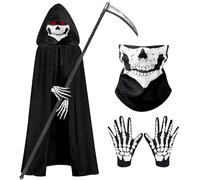 AsyinXson Costume di Halloween per Bambini, Costume da Morte, Halloween Falce, Scheletro Guanti, Maschera Teschio, per Halloween, Giochi di Ruolo di Carnevale, Feste in Costume (3-4)
