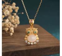 ASZHQUXIUAS Collana di giada Feng Shui per donne e uomini Collana con ciondolo a forma di gufo in cristallo giada, catena placcata in oro 18 carati, pietra preziosa delicata
