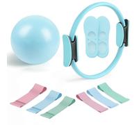 At Home Pilates Kit - Magic Circle Pilates Ring & Ball & 6 Resistance Bands for Toning Arms & Anti-Slip Socks & Action Guide (Blue)