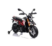 Moto elettrica per bambini Aprilia Dorsoduro 12V - Licenza ufficiale, 2 motori da 45W, luci LED, ruote EVA, suoni realistici, sedile in pelle - Enduro sportiva 3-6 anni