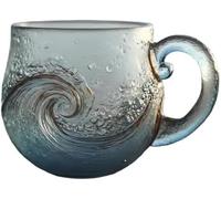 Ataoyus Sea Glass Sunset/Wave Mug, Sunset and Wave Dual Design, 12oz Handblown Glass Cup, Unique Textured Seas Inspired Drinkware Mug, For Ocean Lovers, Coffee Drinkers & Gift Seekers(A)