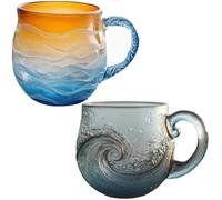 Ataoyus Sea Glass Sunset/Wave Mug, Sunset and Wave Dual Design, 12oz Handblown Glass Cup, Unique Textured Seas Inspired Drinkware Mug, For Ocean Lovers, Coffee Drinkers & Gift Seekers(A+B)