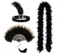 ATBUSS 1 Ventaglio di Danza retrò, 1 Boa di Piume, 1 Fascia per Capelli di Piume, Accessori di Abbigliamento da Donna Anni '20, Adatti per Drammi E Giochi di Ruolo.