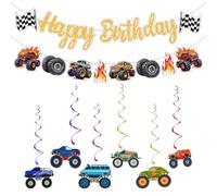 ATBUSS 2 Pezzi di Monster Truck Pull Bandiera E 1 Pezzo di Gomma Camion Spirale Fascino, Compleanno Banner Decorazione, Festa per Bambini Desktop Layout, Festa di Compleanno Decorazione A Tema.