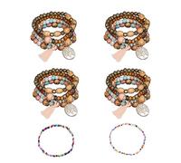 ATBUSS 4 pezzi di perline di legno Liu Su, con 2 pezzi di perline colorate sottili corde a mano, bracciali bohémien, braccialetti elastici multistrato, gioielli con ciondolo a forma di albero della