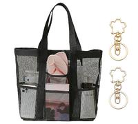 ATBUSS Borsa da spiaggia in rete nera con 2 ciondoli fiori di ciliegio, borsa tote pieghevole, organizzatore di vacanze per spiaggia, fitness, doccia, yoga, shopping
