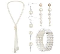 ATBUSS Set di 5 Pezzi di Gioielli di Perle alla Moda, Semplice Collana di Perle A Doppio Strato, Orecchini Pendenti di Perle, Elee Braccialetto da Donna, Adatto per Feste di Matrimonio.