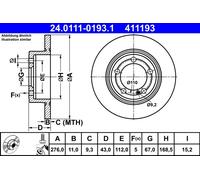 ATE Disco freno 24.0111-0193.1 posteriore, pieno, Ø276 mm, altezza 43 mm – 1 pezzo