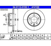 ATE disco freno 24.0112-0155.1 pieno diametro 305 spessore 12 mm 5 fori
