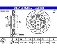 ATE Disco freno Anteriore Sx Ø345,0mm Altezza: 52,5mm Spessore: 28,0mm Cerchio foro-Ø: 120,0mm disco del freno a due pezzi perforato/ventilazione interna 24.0128-0208.2 Compatibilità con BMW