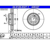2x ATE Disco freno Anteriore Ø305,0mm Altezza: 51mm Spessore: 28,0mm Cerchio foro-Ø: 111,5mm ventilato 24.0128-0327.1