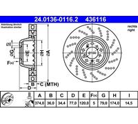 Disco freno ATE 24.0136-0116.2 anteriore, ventilato, altamente carbonizzato, 1 pezzo