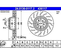 Disco freno ATE 24.0136-0117.2 anteriore, ventilato, altamente carbonizzato, 1 pezzo