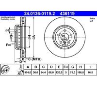 Disco freno ATE 24.0136-0119.2 anteriore, ventilato, altamente carbonizzato, 1 Pezzo