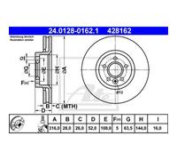 Disco freno ATE 24.0128-0162.1 anteriore, ventilato, altamente carbonizzato, 1 Pezzo