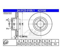 ATE 2x Disco Freni Anteriore 2460 Ventilato per Opel Rekord E 17_ -19_ 11_