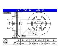 Disco freno ATE 24.0126-0116.1 anteriore, ventilato, altamente carbonizzato, 1 Pezzo