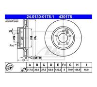 Disco freno ATE 24.0130-0178.1 anteriore, ventilato, 1 pezzo