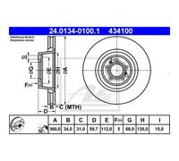 Disco freno ATE 24.0134-0100.1 anteriore, ventilato, altamente carbonizzato, 1 Pezzo