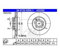Disco freno ATE 24.0122-0202.1 anteriore, ventilato, altamente carbonizzato, 1 Pezzo