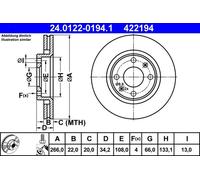 ATE disco freno 24.0122-0194.1 ventilato diametro 266 spessore 22 mm 4 fori