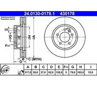 ATE Disco freno 24.0130-0178.1 anteriore, ventilato, verniciato, 1 pezzo
