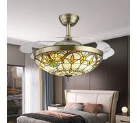 ATEEZ Ventilatore da Soffitto con Luce e Telecomando Tiffany 6 velocità Reversibile Plafoniera con Ventilatore 3 Colori Invisibile Pale Retrattile Lampadario Ventilatore per Soggiorno Cameretta-A