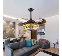 ATEEZ Ventilatore da Soffitto con Luce e Telecomando Tiffany 6 velocità Reversibile Plafoniera con Ventilatore 3 Colori Invisibile Pale Retrattile Lampadario Ventilatore per Soggiorno Cameretta-A