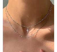 Atentuyi Collana Boho A Strati D'argento Con Croce Girocollo Ciondolo Piccola Croce Satellite Catena Religione Crocifisso Doppia Catena Gioielli Per Donne E Ragazze