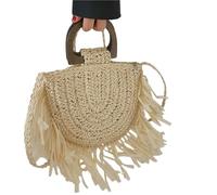 ATEUXOL Borsa Frange Donna Borsa a tracolla in paglia con nappa e semicerchio for donna, borsa a intrecciata fatta a mano, for le vacanze, cestino, tote casual for la spesa(Beige)